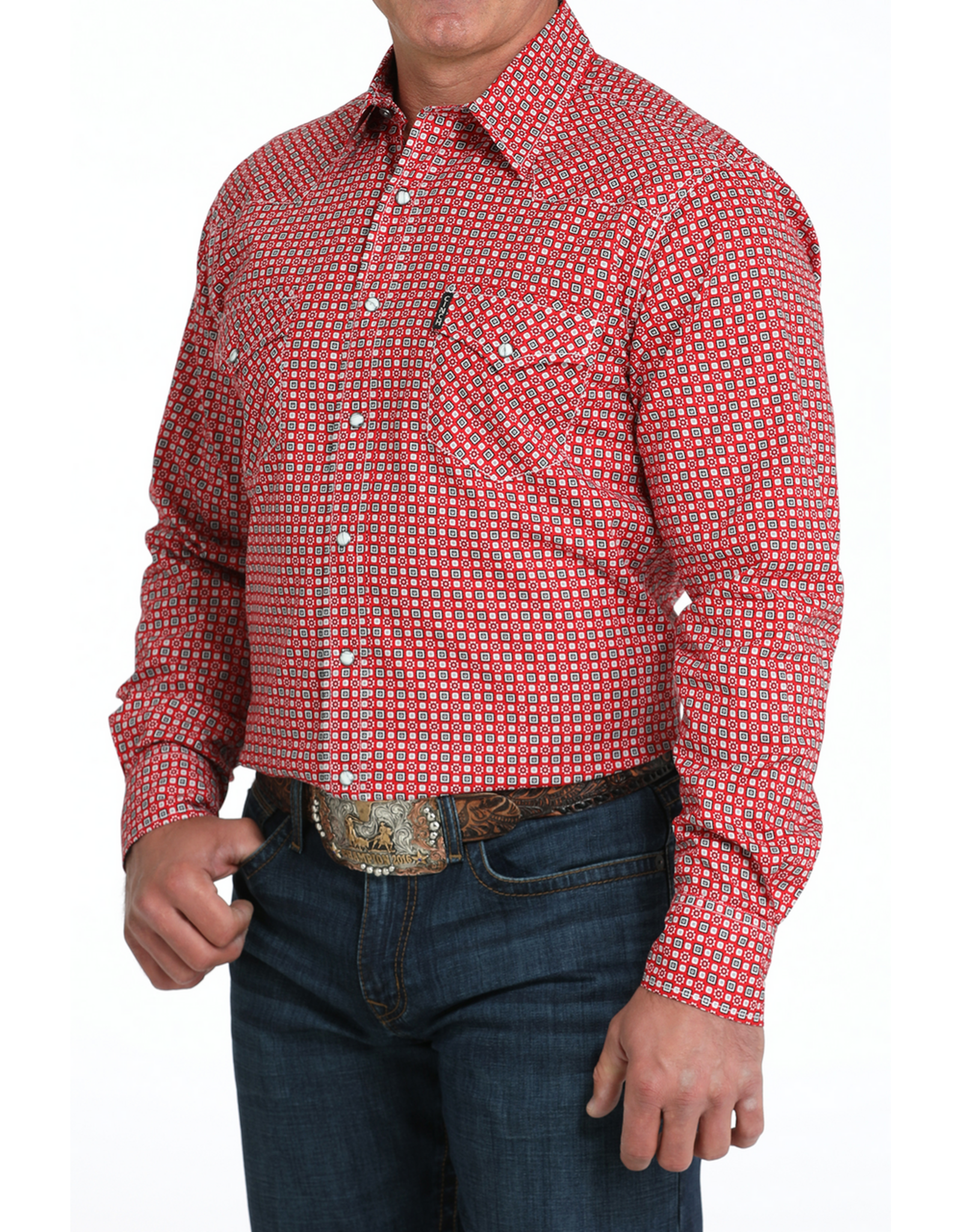 Cinch Cinch Red Geometric Print Pearl Snap Shirt