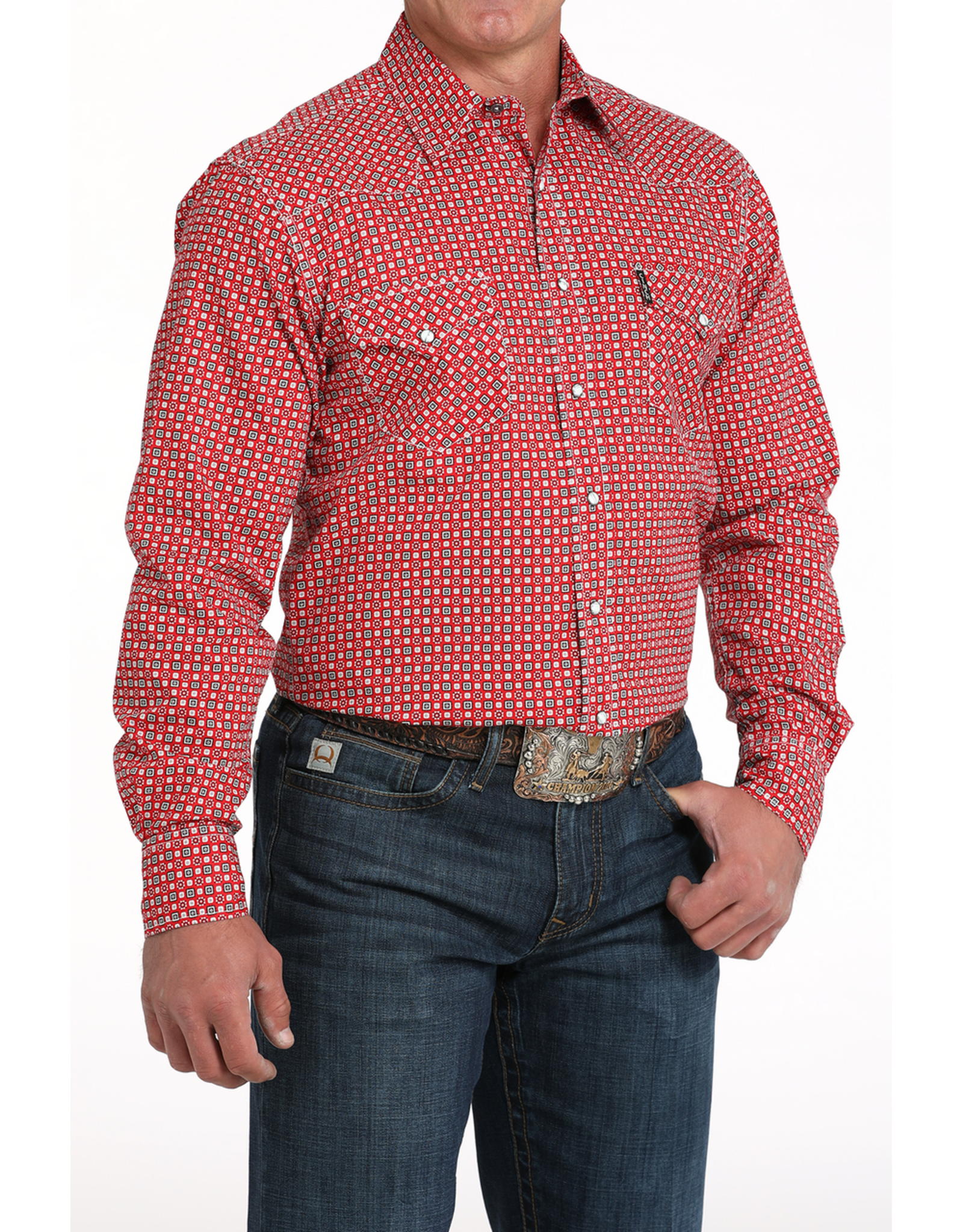 Cinch Cinch Red Geometric Print Pearl Snap Shirt