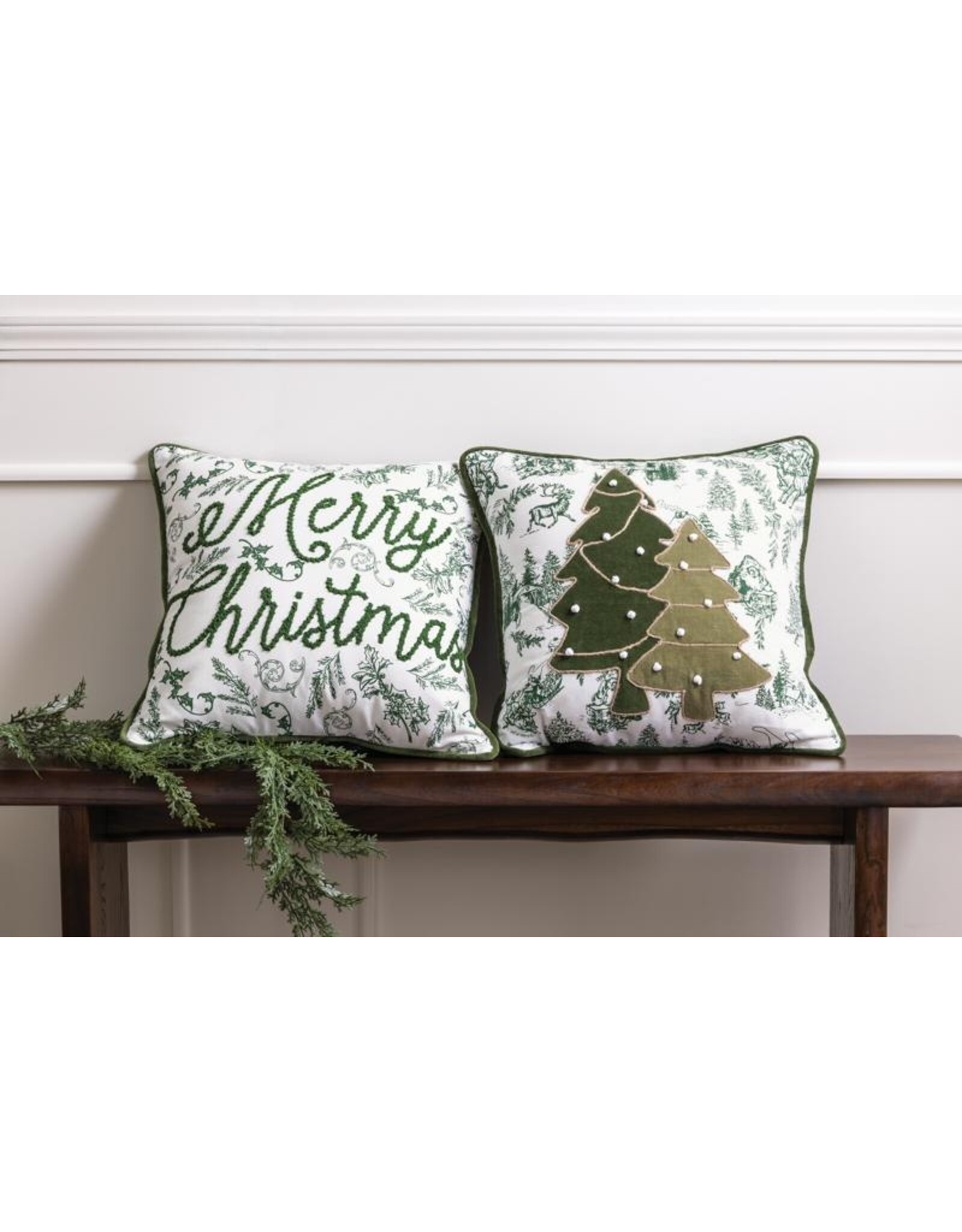 Merry Christmas Green Toile Pillow