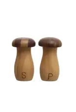 Rubber wood & Walnut Mushroom Shaped Salt & Pepper Shakers, Natural, Set of 2