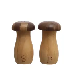 Rubber wood & Walnut Mushroom Shaped Salt & Pepper Shakers, Natural, Set of 2