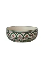 Hand-Painted Stoneware Bowl w/ Design, Cream Color, Brown & Green