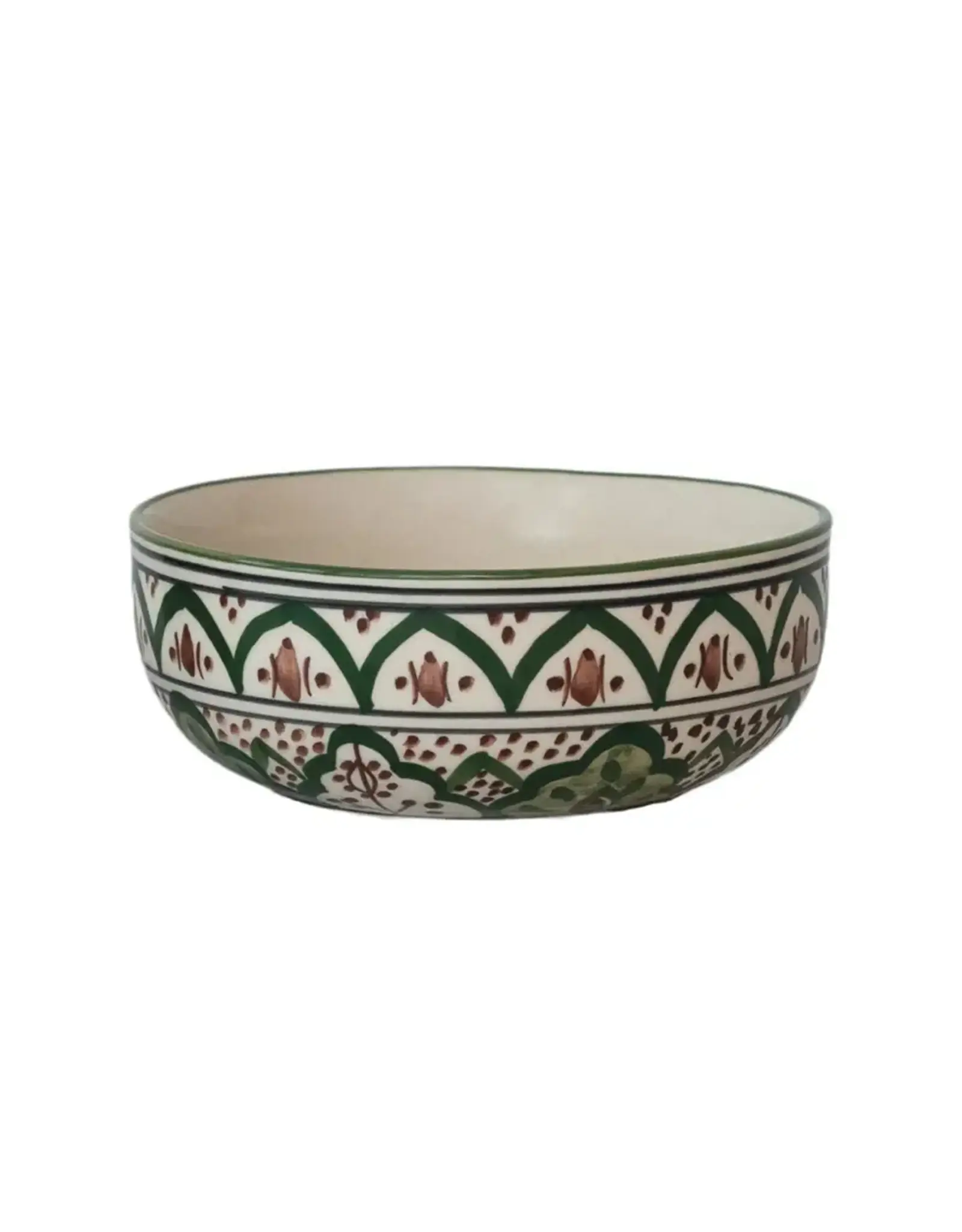 Hand-Painted Stoneware Bowl w/ Design, Cream Color, Brown & Green