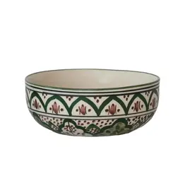 Hand-Painted Stoneware Bowl w/ Design, Cream Color, Brown & Green