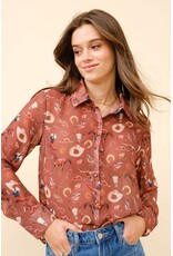 Crystal Western Print Chiffon Button Up Blouse Crystal Western Print Chiffon Button Up Blouse