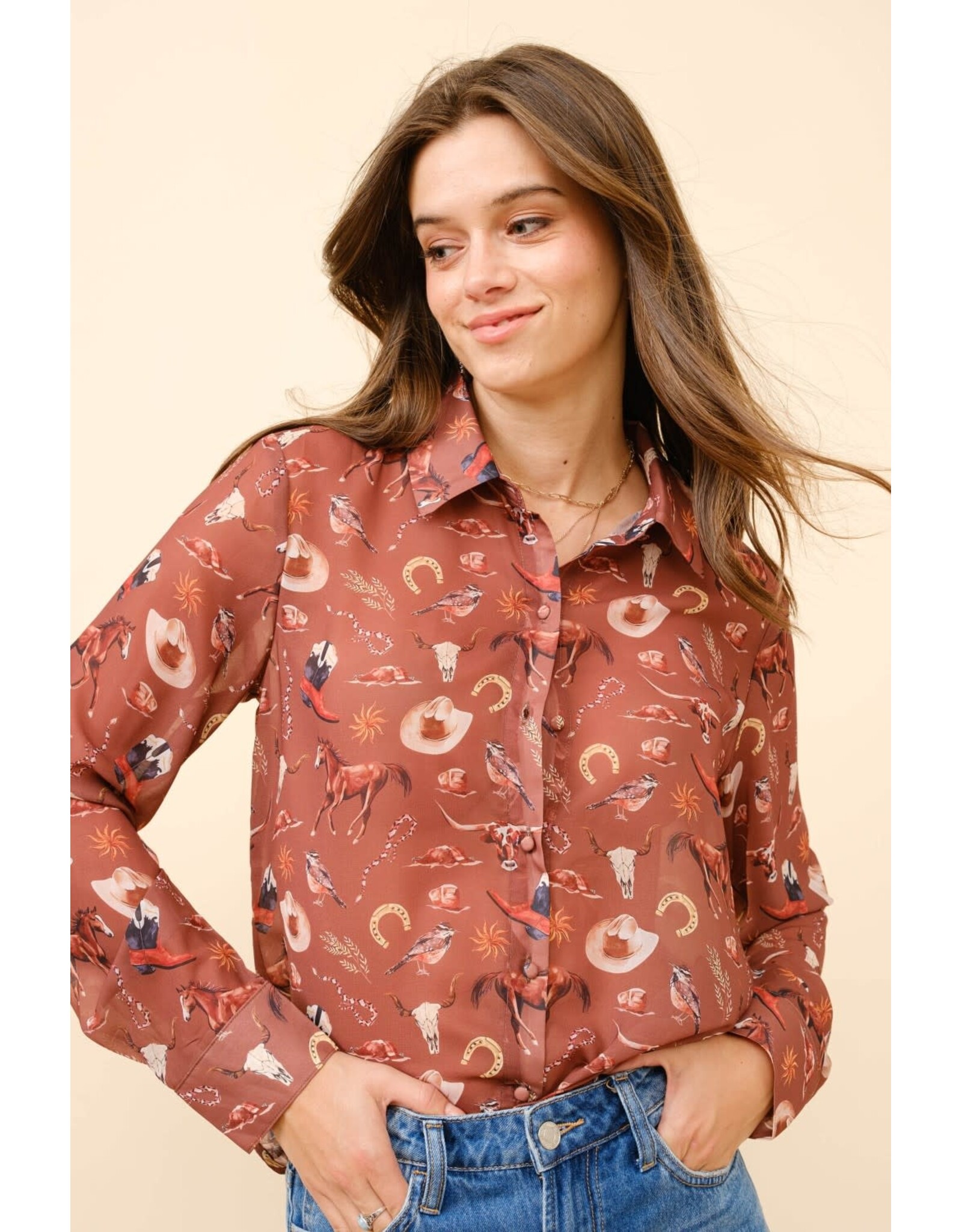 Crystal Western Print Chiffon Button Up Blouse