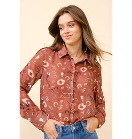 Crystal Western Print Chiffon Button Up Blouse