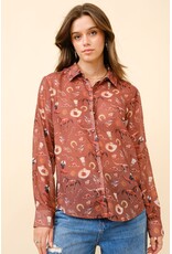 Crystal Western Print Chiffon Button Up Blouse Crystal Western Print Chiffon Button Up Blouse