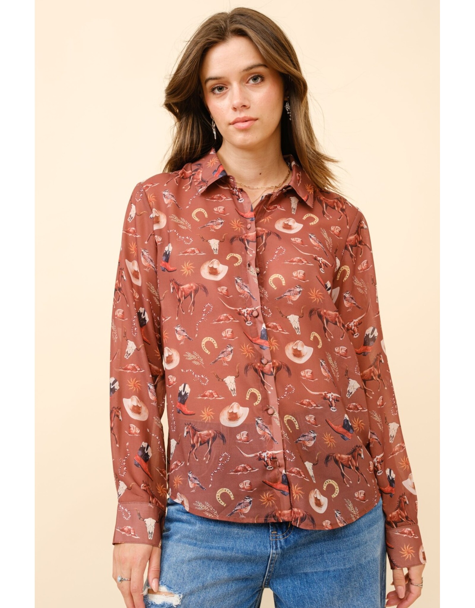 Crystal Western Print Chiffon Button Up Blouse