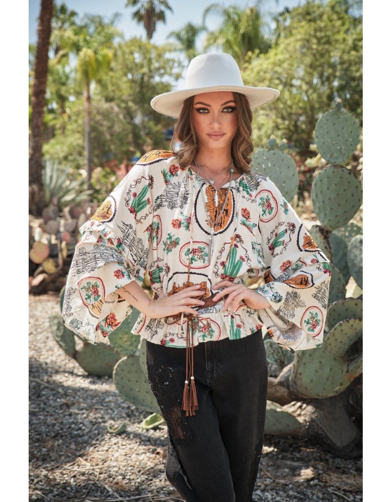 Wayna Western Print Peasant Blouse