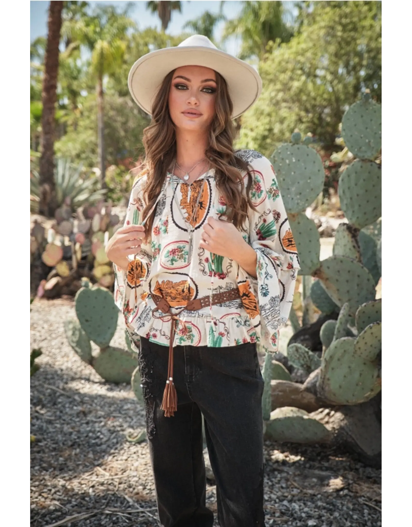 Wayna Western Print Peasant Blouse