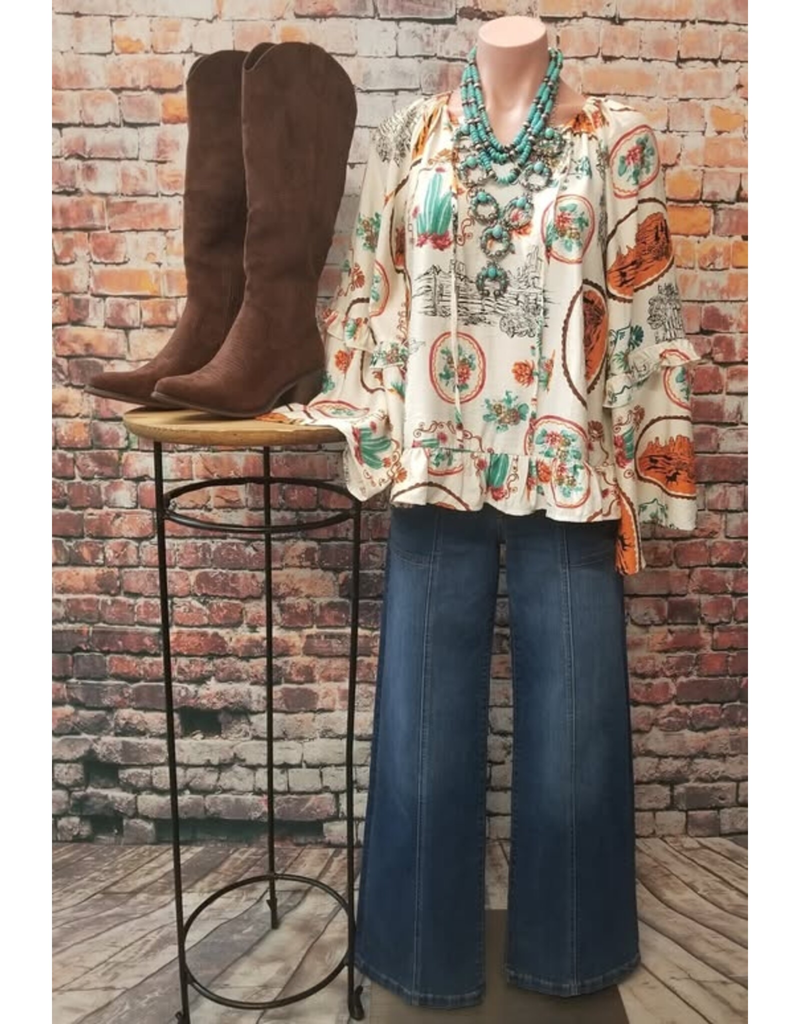 Wayna Western Print Peasant Blouse