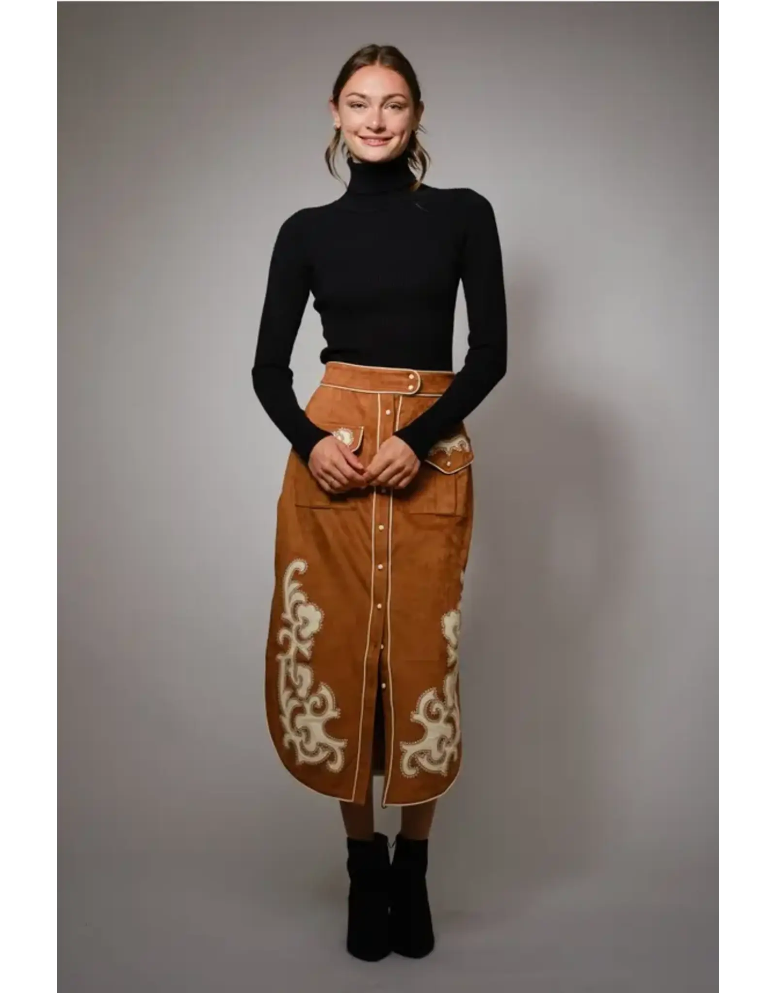 Susie Suede Embroidered Patch Midi Skirt