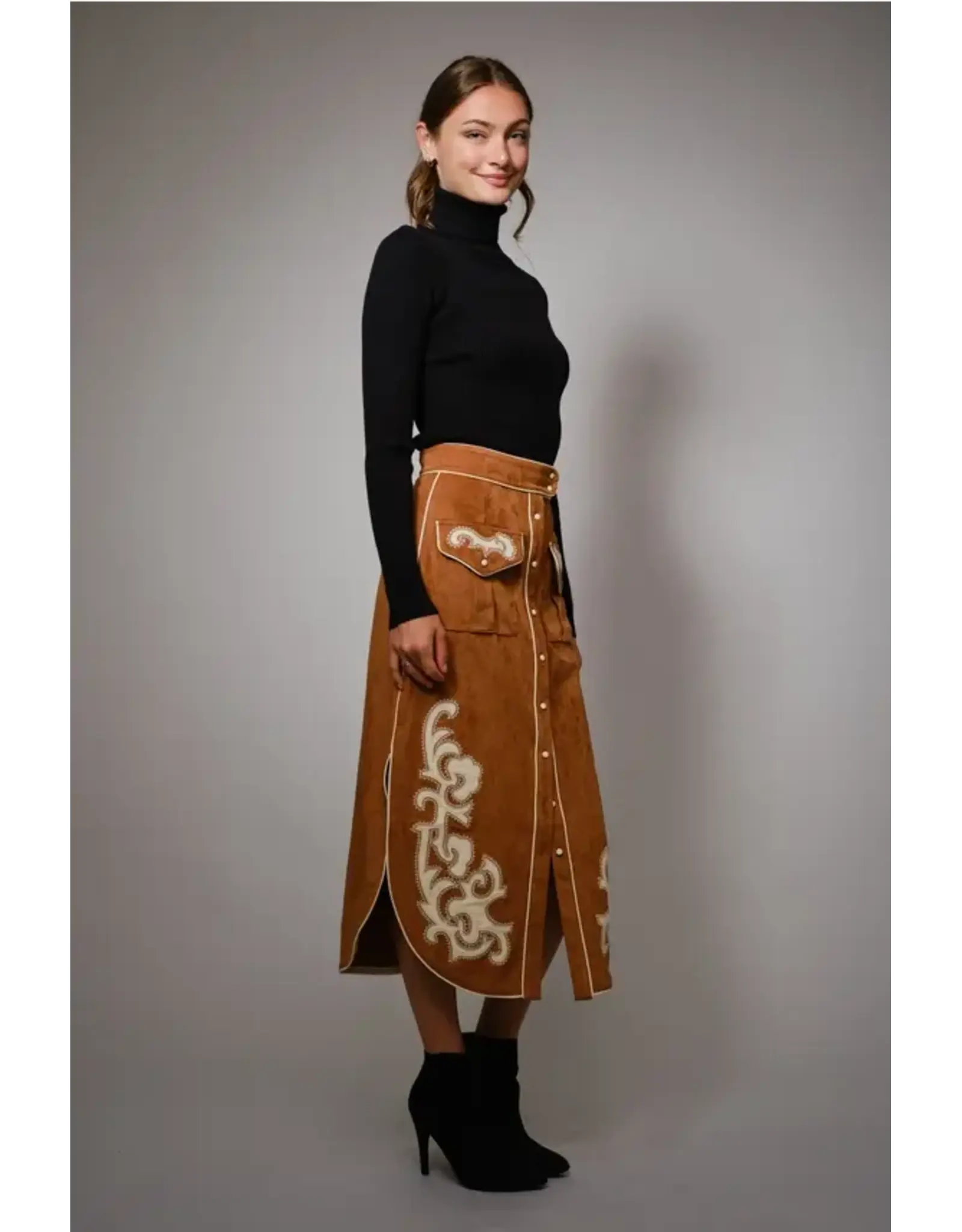 Susie Suede Embroidered Patch Midi Skirt