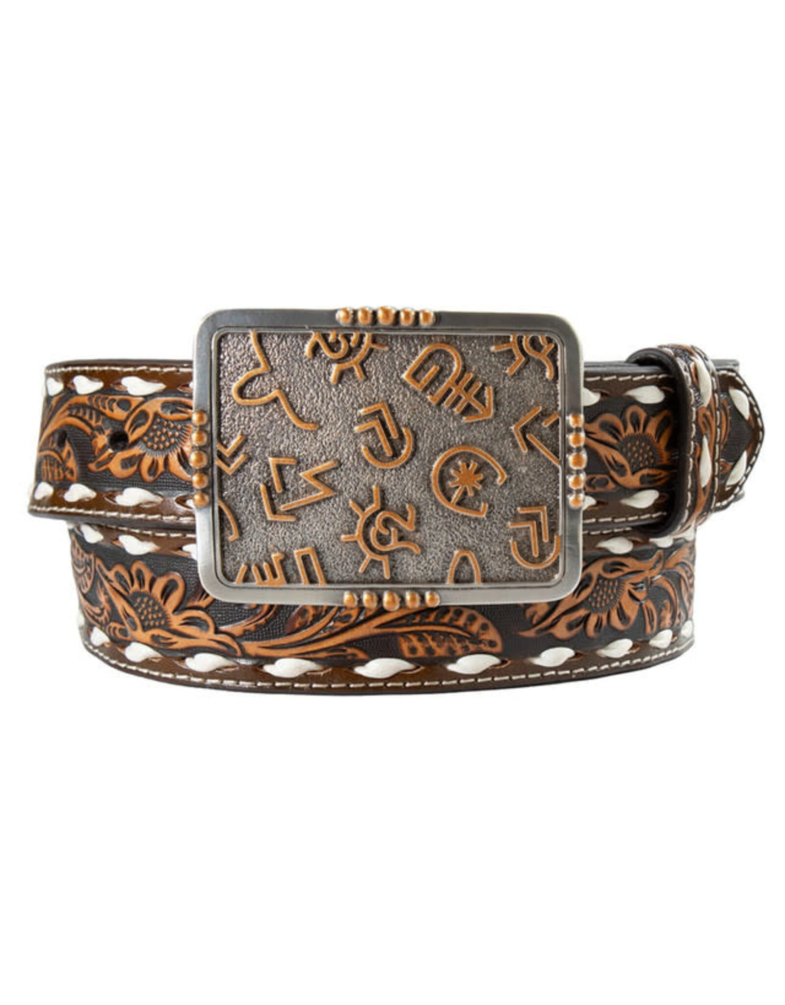 Angel Ranch Ladies Western Brown Floral Embossed Branded Buckle Belt