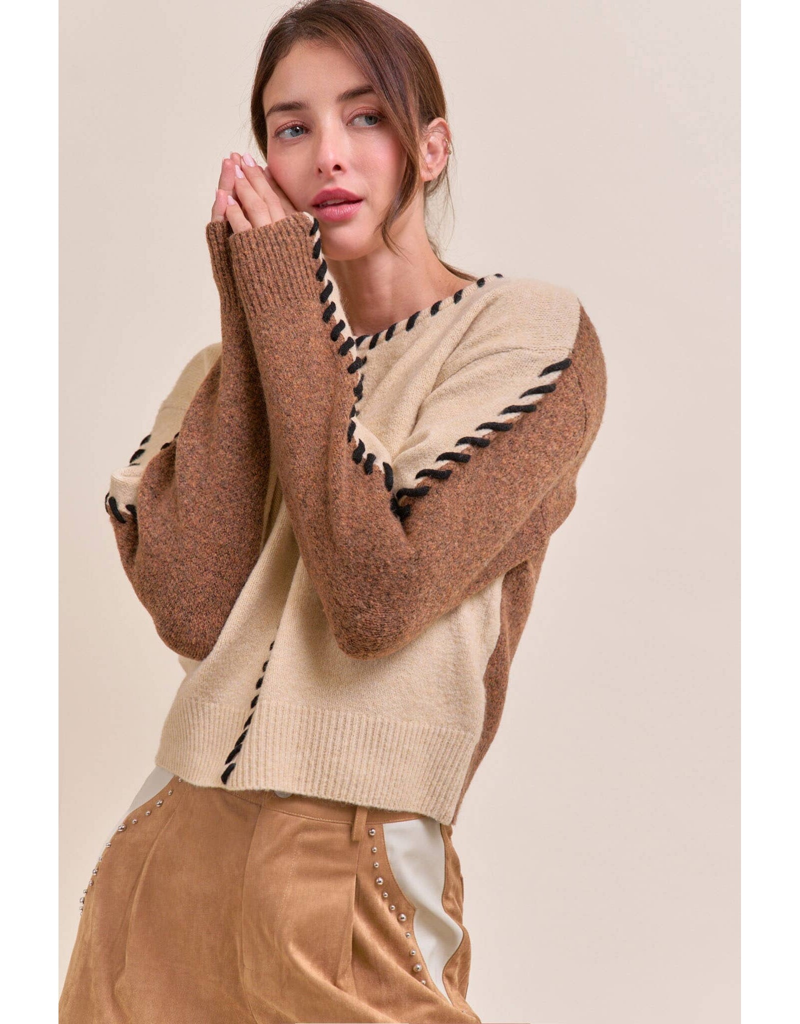 Winter Whip-Stitch Two-Tone Sweater