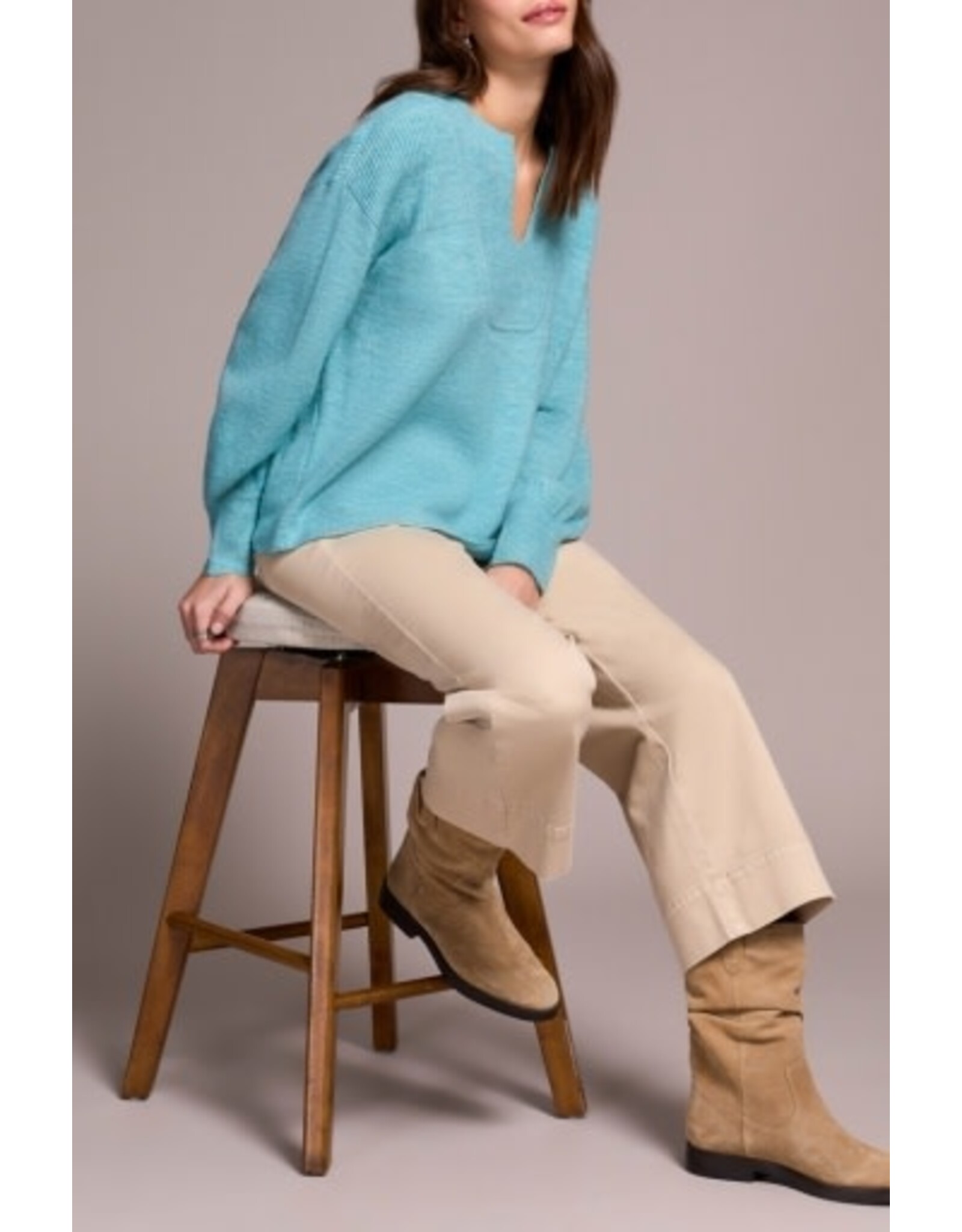 Tribal Tribal Mandarin Collar Long Puff Sleeve Sweater