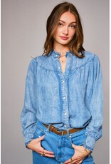 Dolly Ruffle Neck Denim Snap Button Shirt