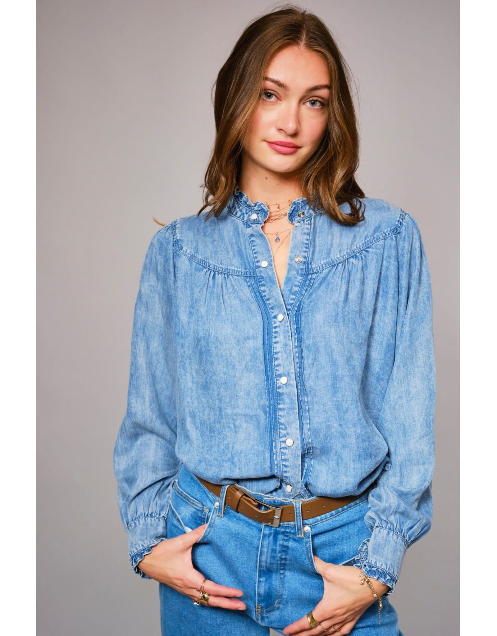 Dolly Ruffle Neck Denim Snap Button Shirt