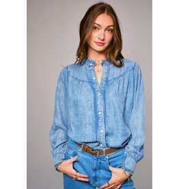 Dolly Ruffle Neck Denim Snap Button Shirt