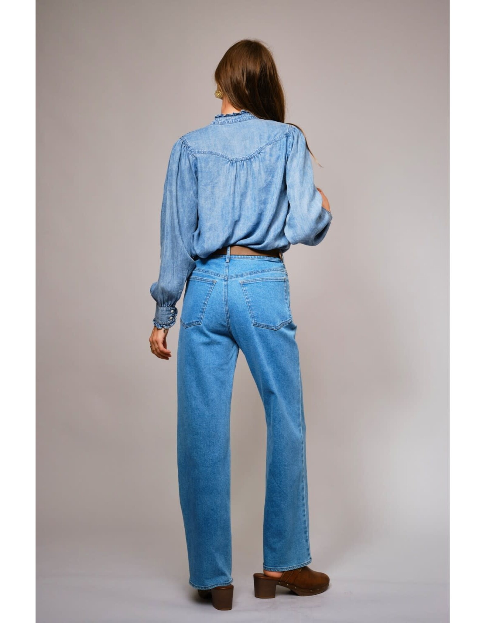 Dolly Ruffle Neck Denim Snap Button Shirt