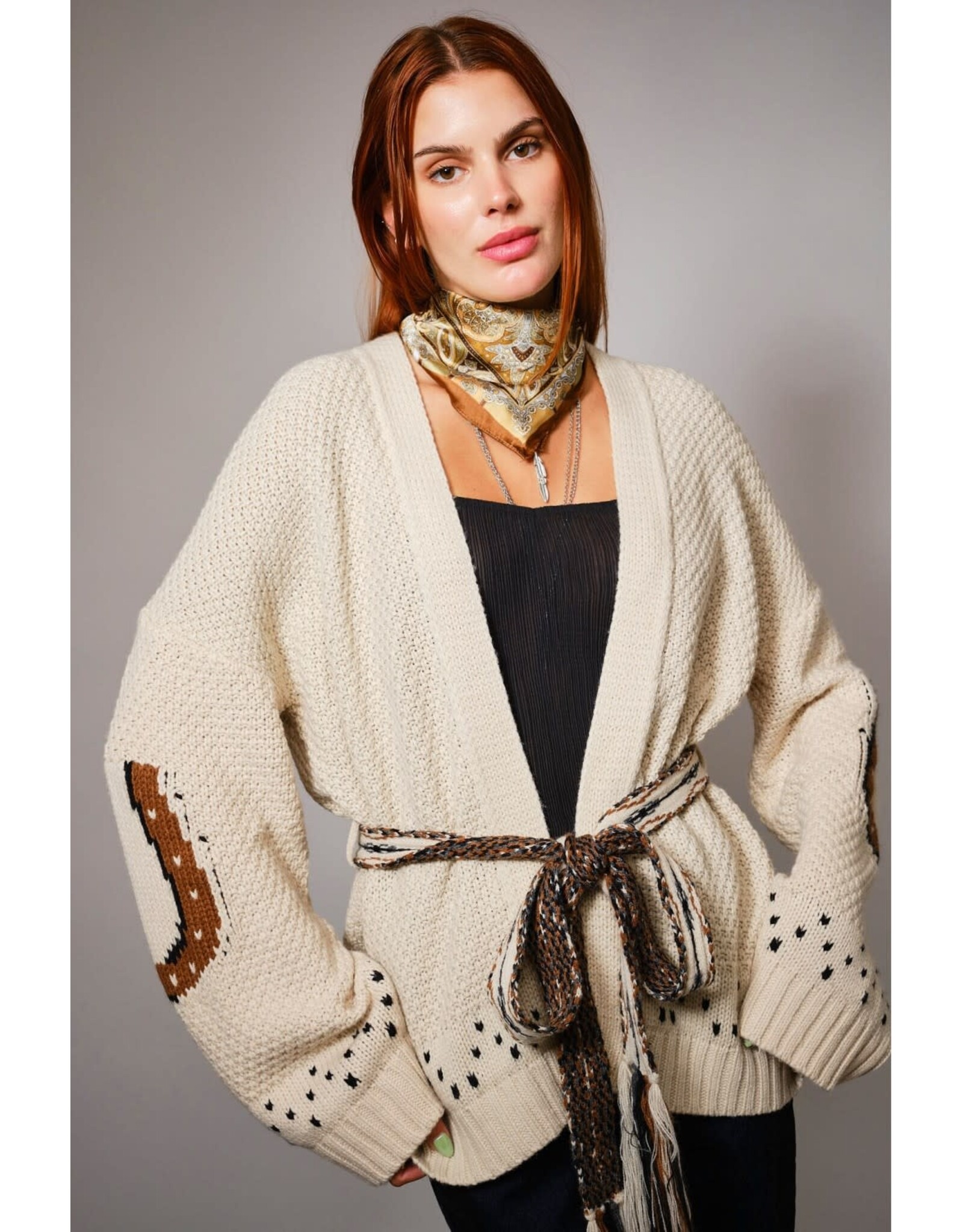 Western Horse Belted Cardigan Sweater