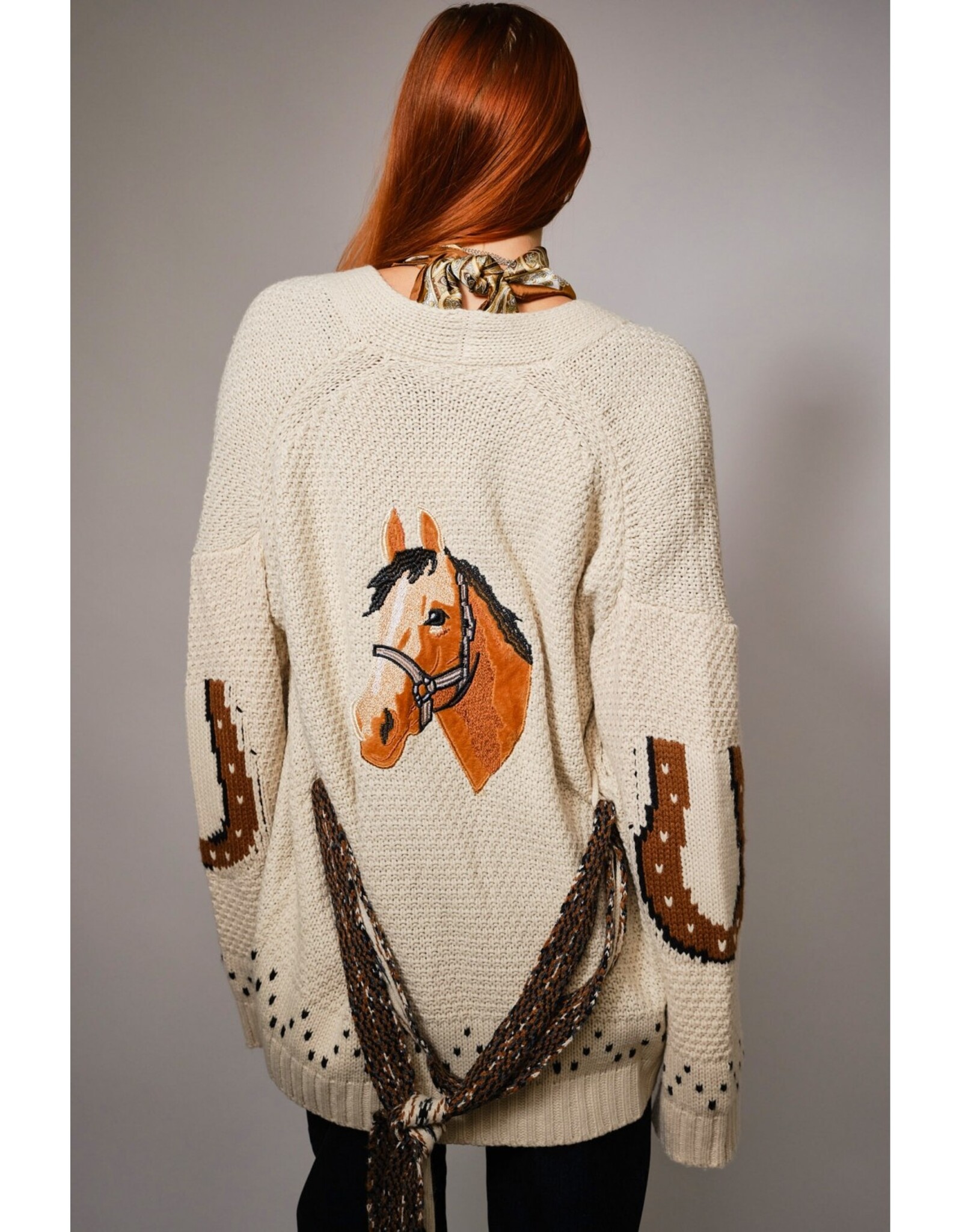 Western Horse Belted Cardigan Sweater