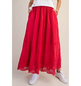 Allison Embroidered Lace Hem Red Maxi Skirt