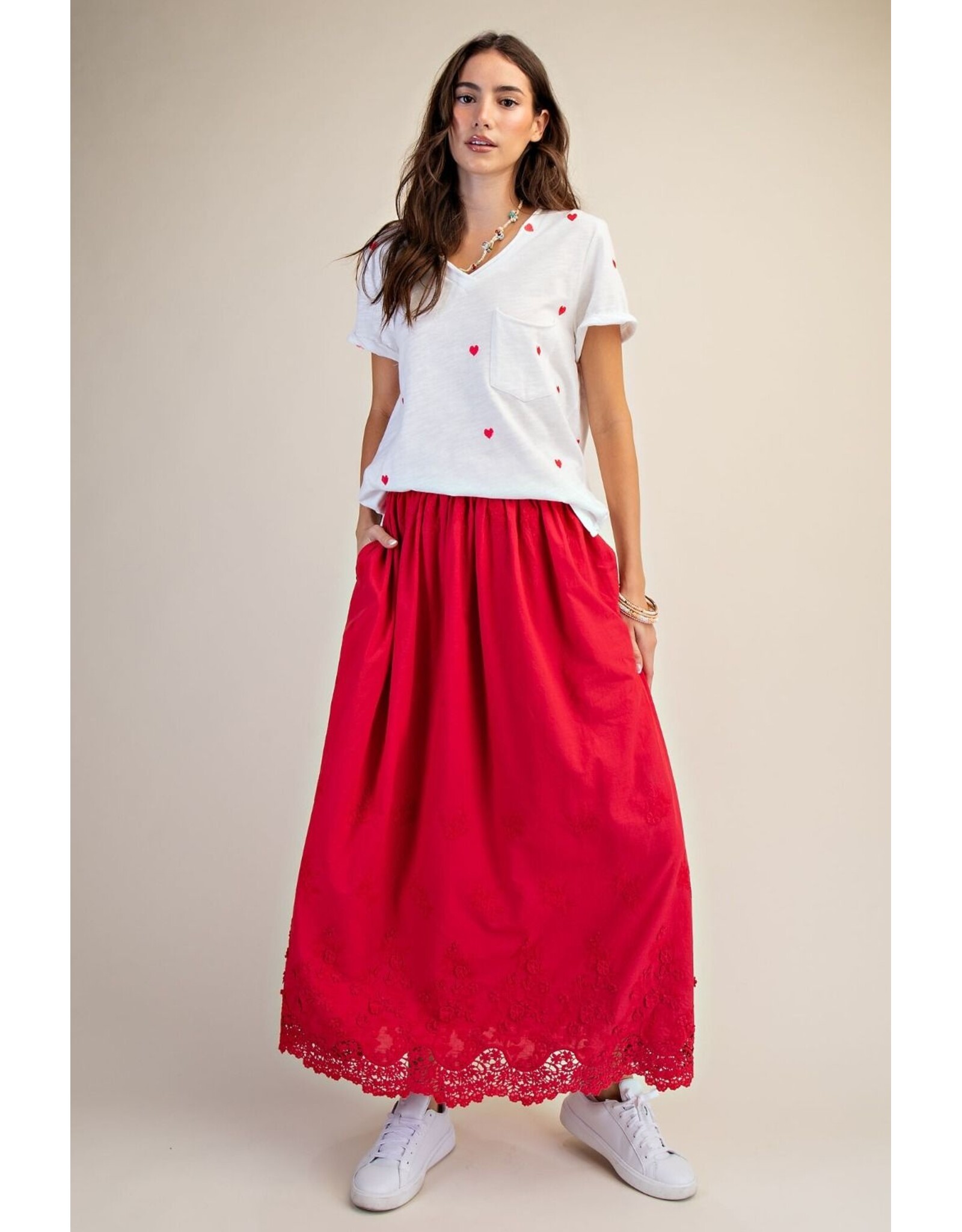 Allison Embroidered Lace Hem Red Maxi Skirt