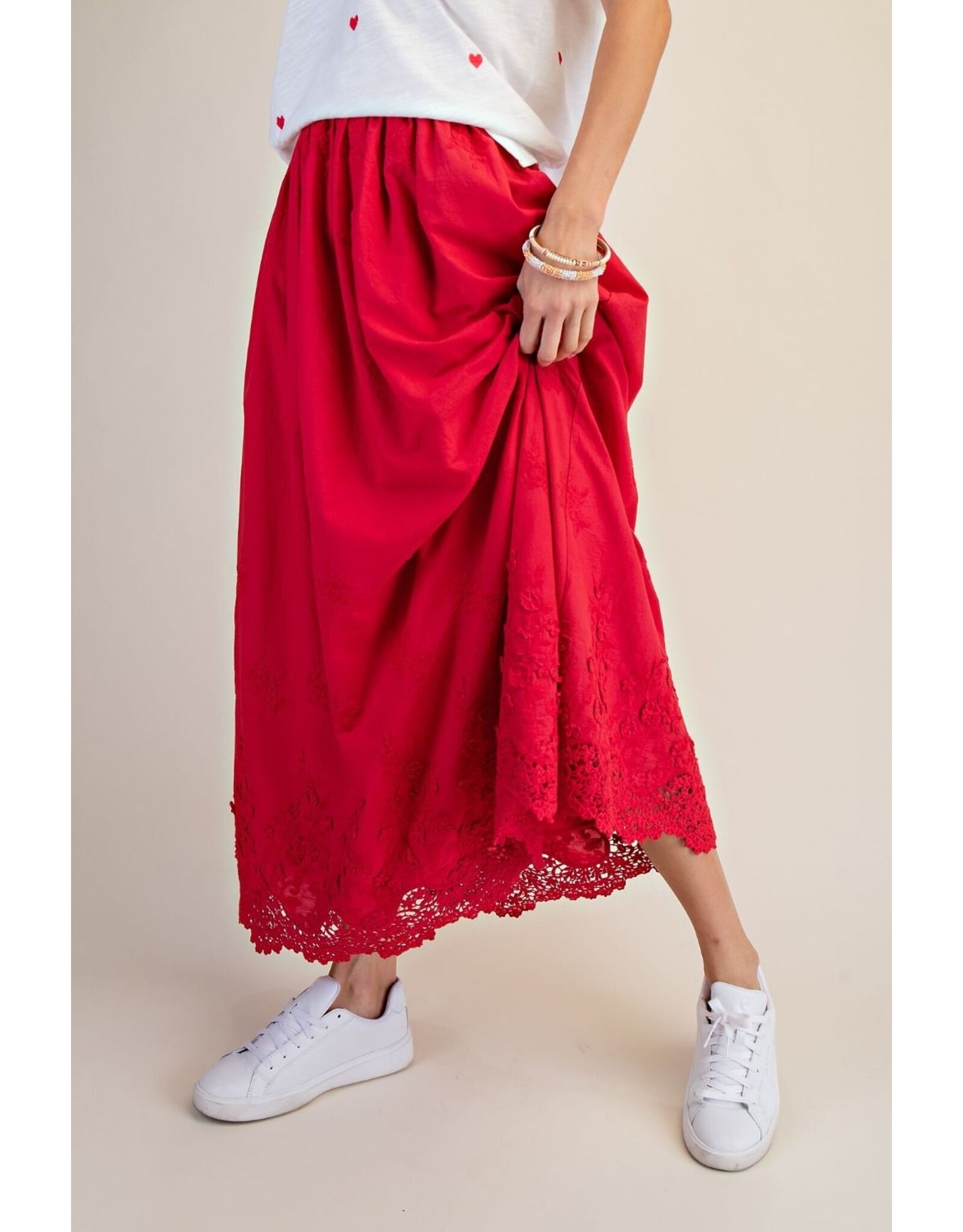 Allison Embroidered Lace Hem Red Maxi Skirt
