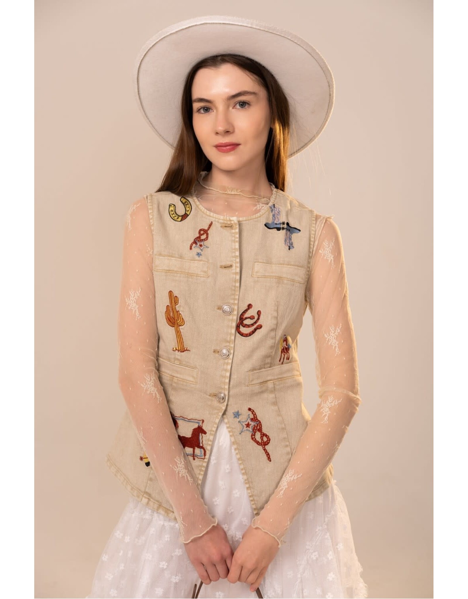 Lana Western Motif Embroidery Fitted Denim Vest