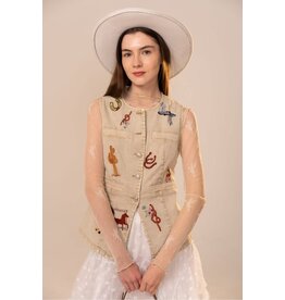 Lana Western Motif Embroidery Fitted Denim Vest