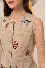Lana Western Motif Embroidery Fitted Denim Vest