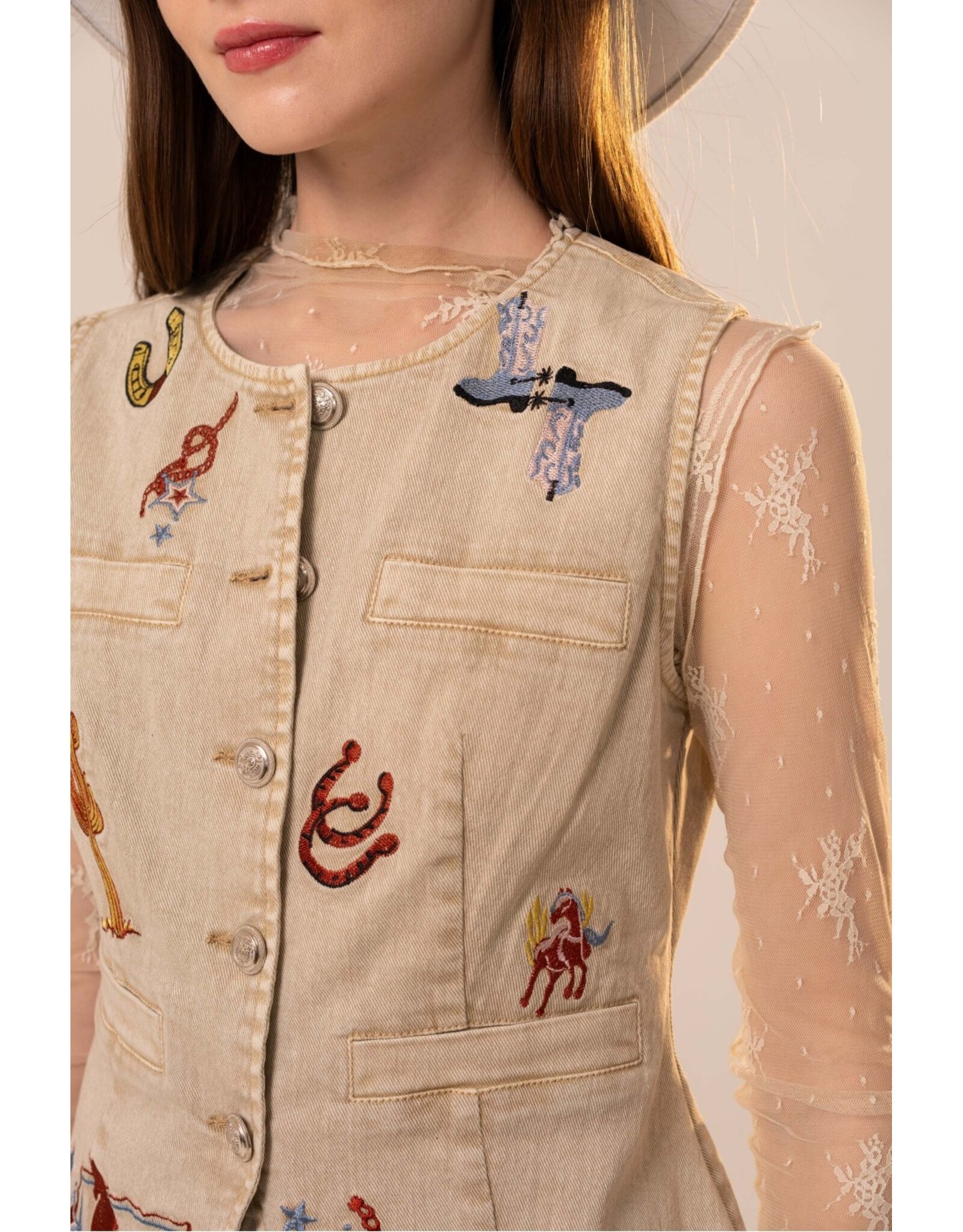 Lana Western Motif Embroidery Fitted Denim Vest