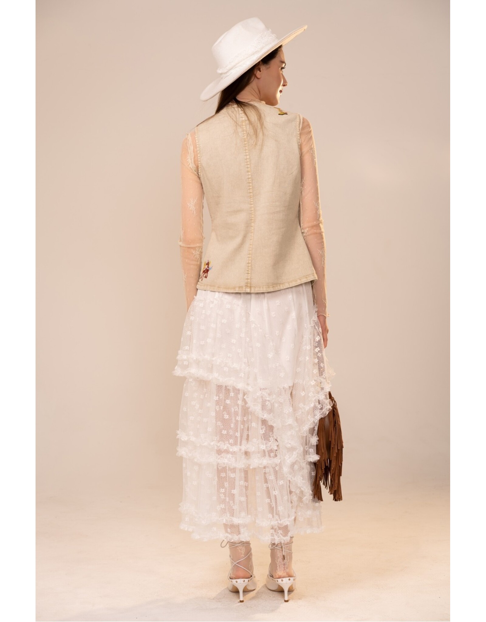 Lana Western Motif Embroidery Fitted Denim Vest