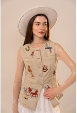 Lana Western Motif Embroidery Fitted Denim Vest