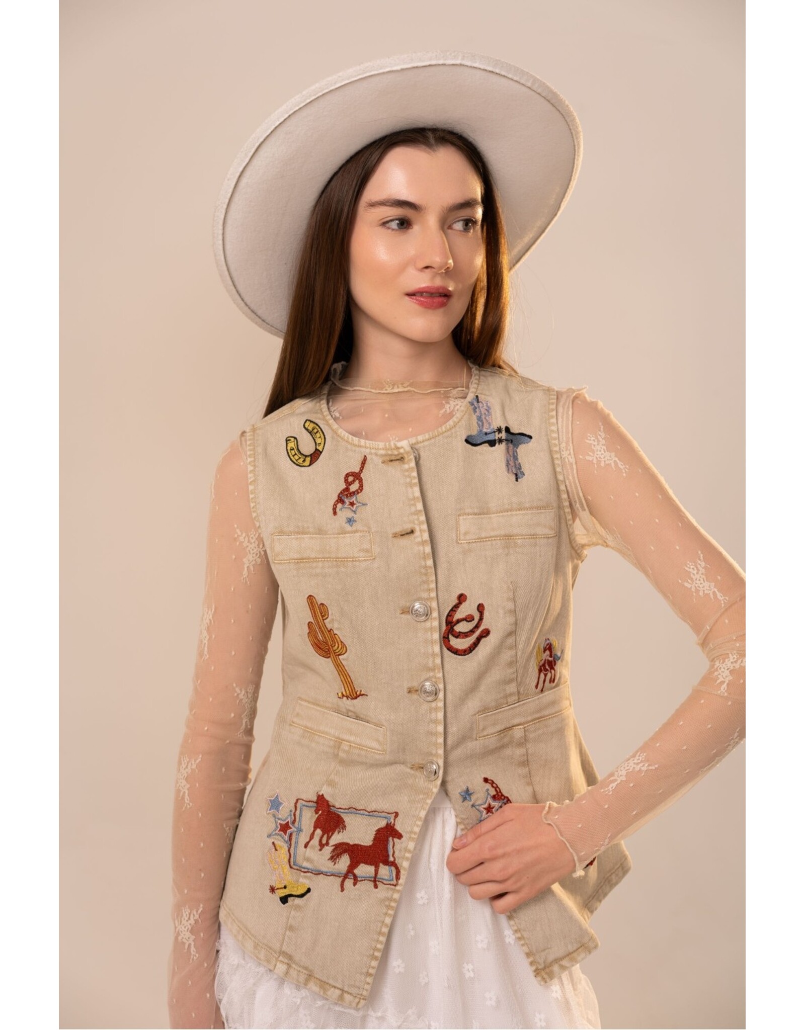 Lana Western Motif Embroidery Fitted Denim Vest