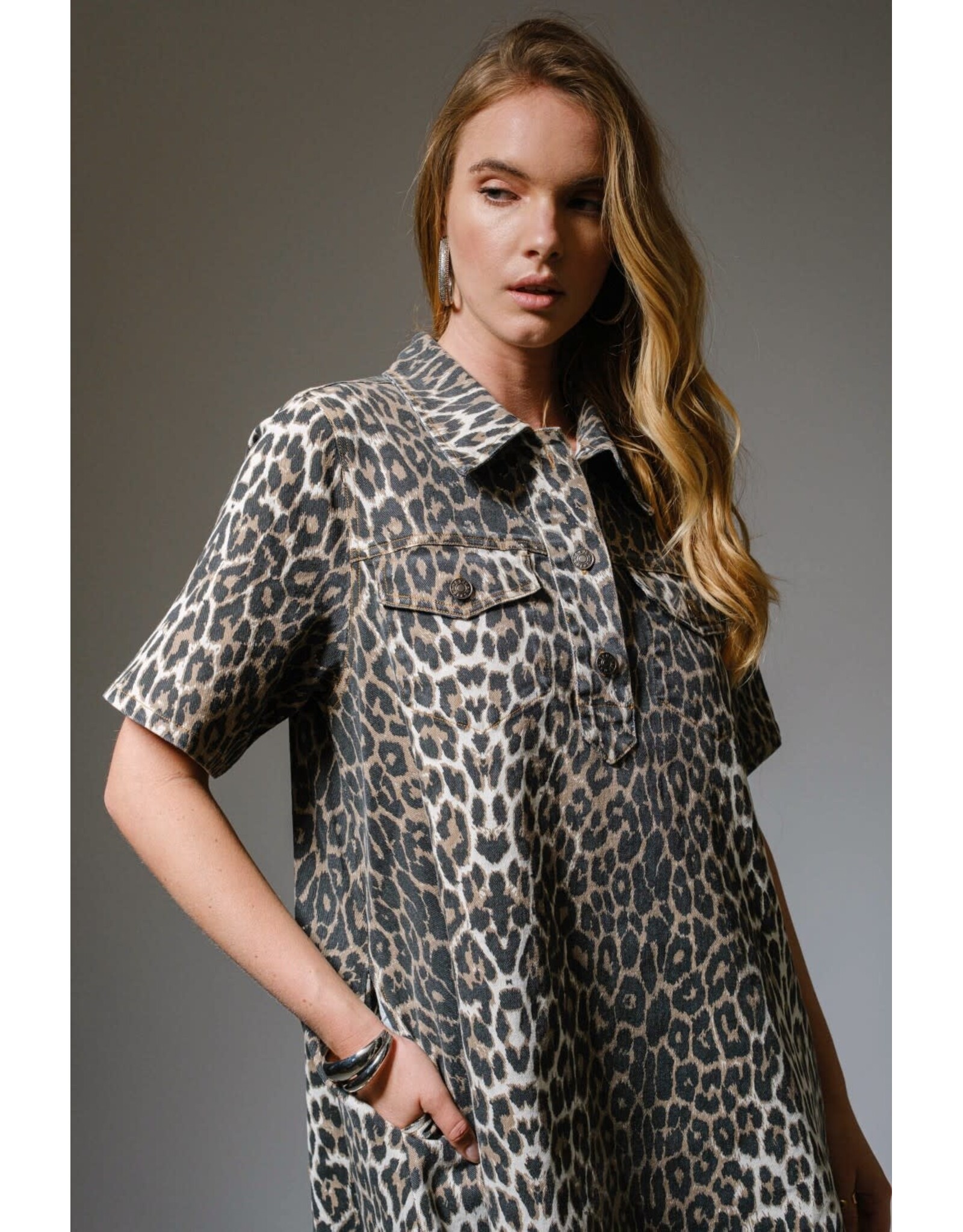 Lena Leopard Print Button-Up Denim Dress
