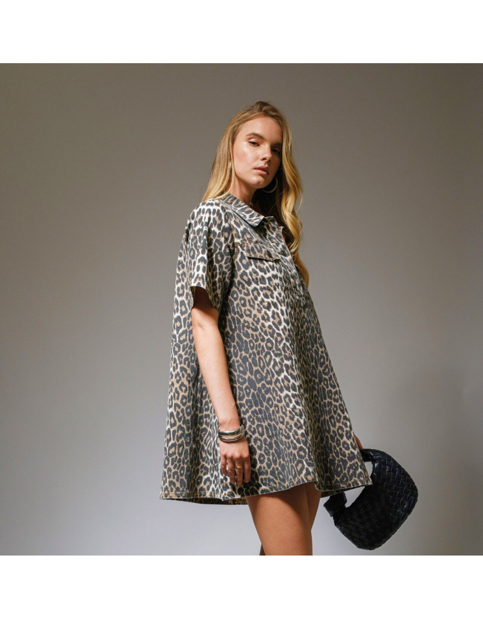 Lena Leopard Print Button-Up Denim Dress