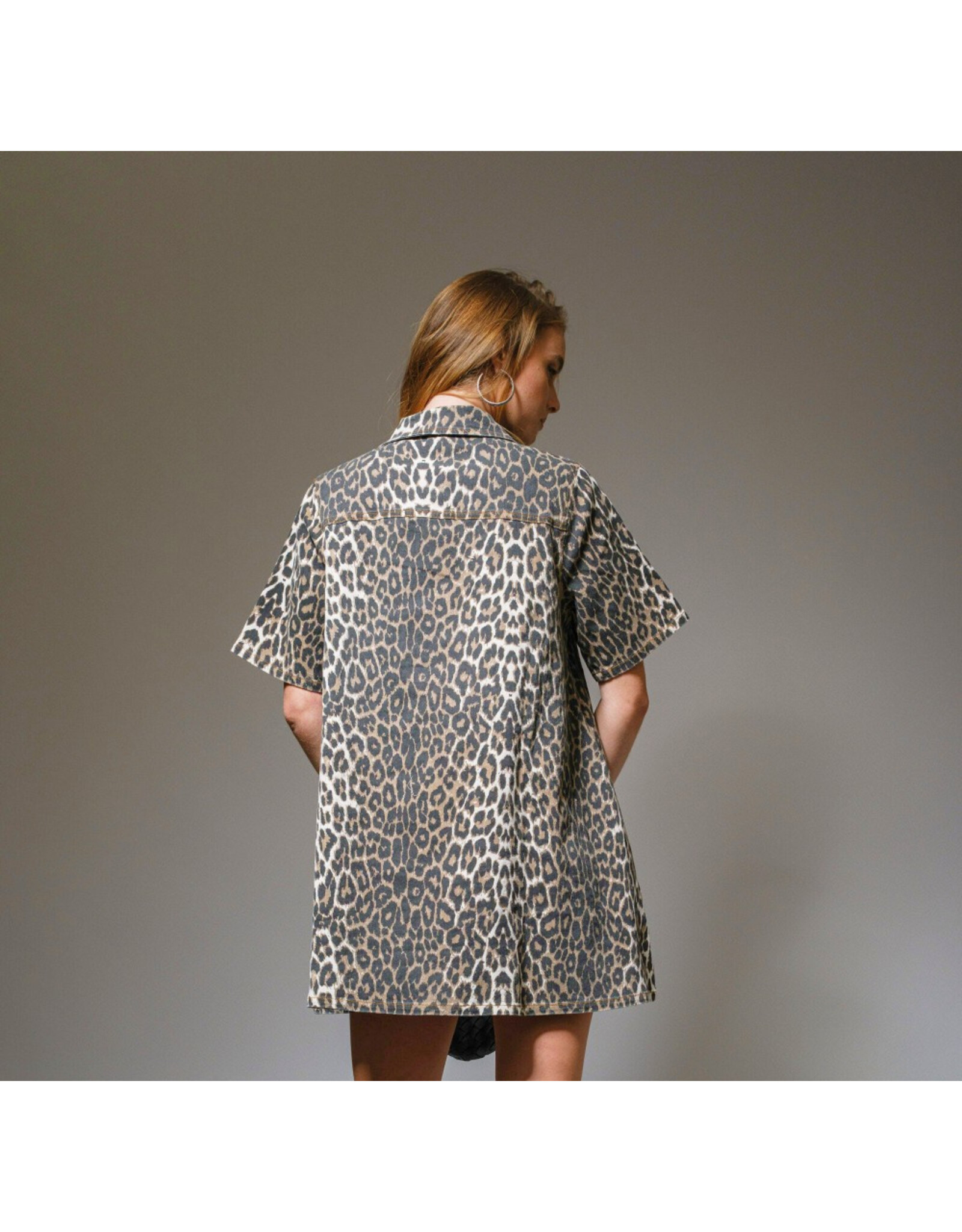 Lena Leopard Print Button-Up Denim Dress