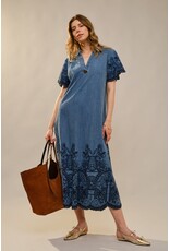 Elizah Embroidered Scallop Edge Denim Maxi Dress
