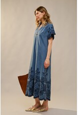 Elizah Embroidered Scallop Edge Denim Maxi Dress