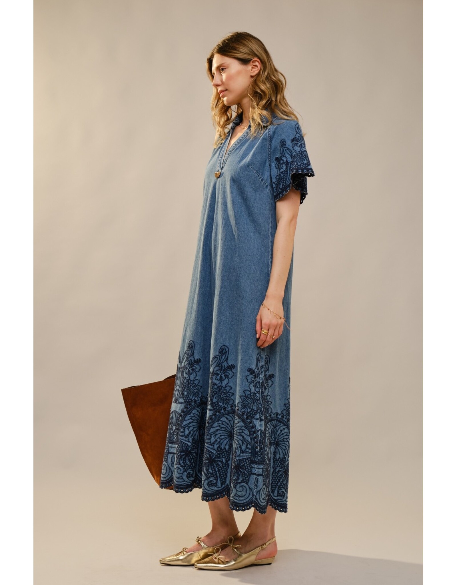 Elizah Embroidered Scallop Edge Denim Maxi Dress