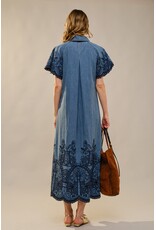 Elizah Embroidered Scallop Edge Denim Maxi Dress