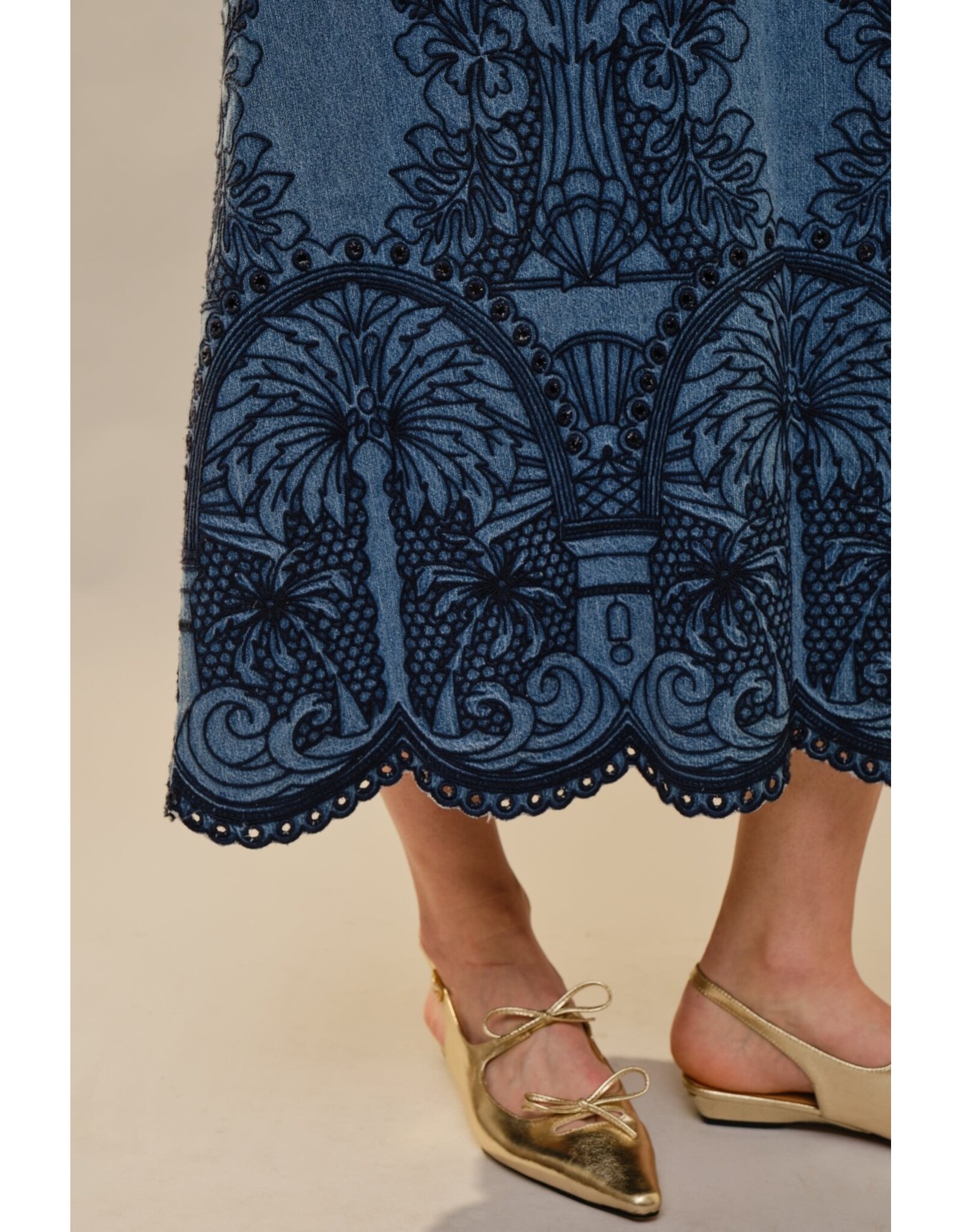 Elizah Embroidered Scallop Edge Denim Maxi Dress