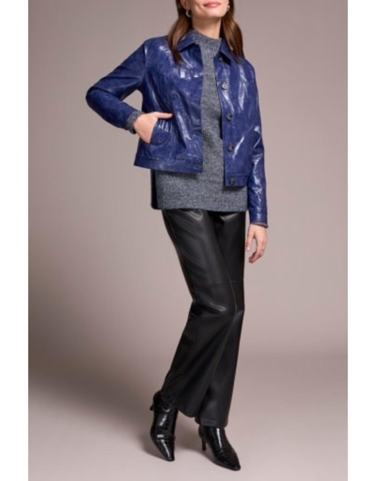 Tribal Tribal Faux Leather Button-Front Collar-Accent Jacket