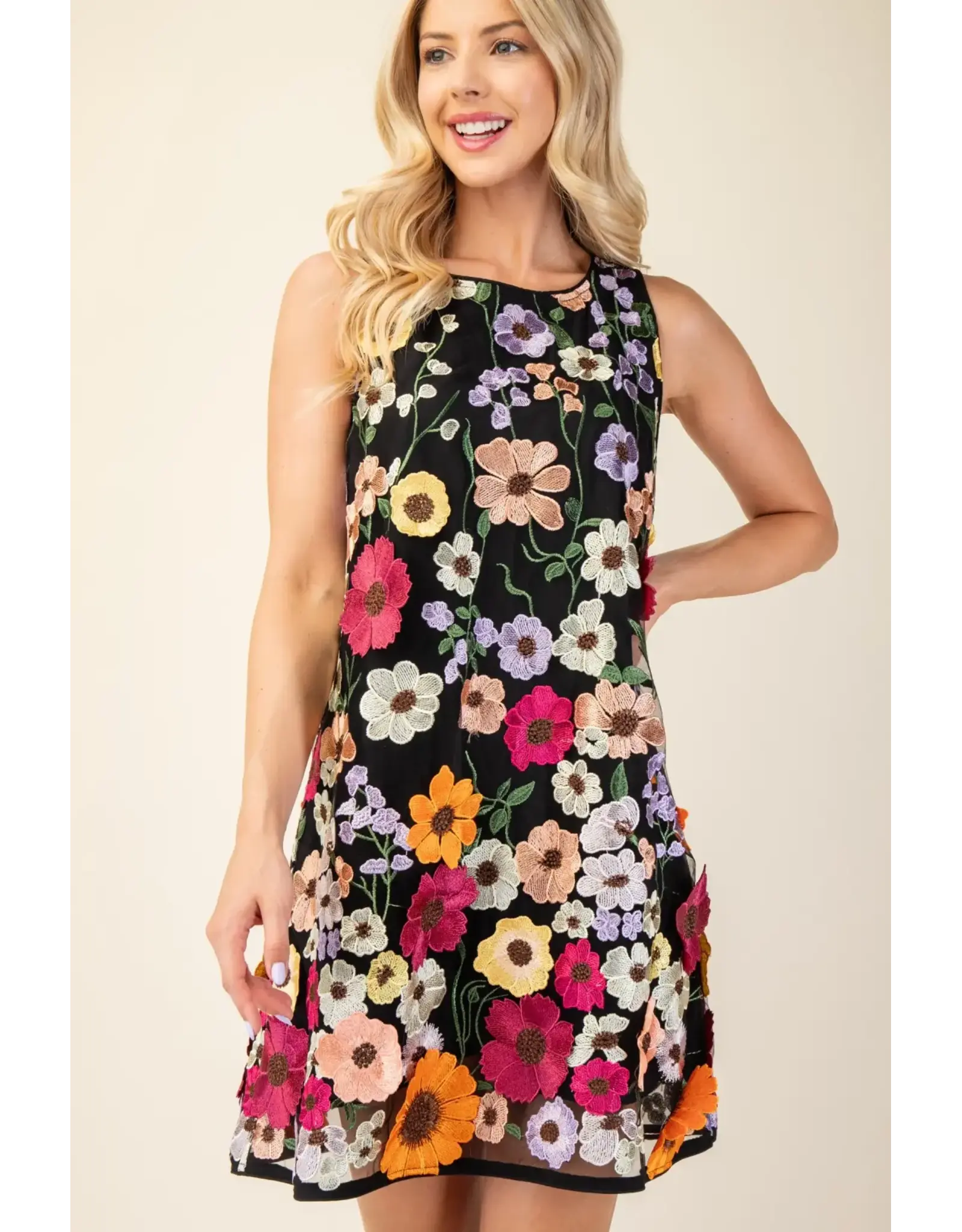Emily 3D Floral Embroidered Black Dress
