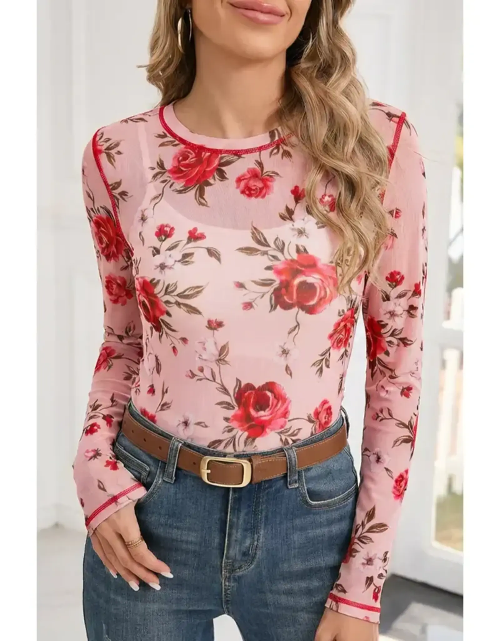 Rose Exposed Seam Mesh Long Sleeve Top