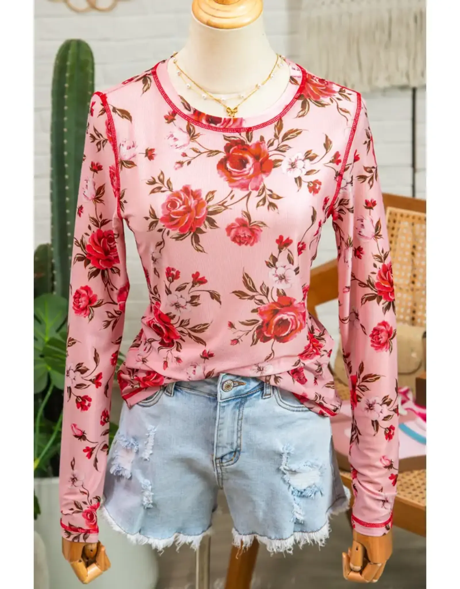 Rose Exposed Seam Mesh Long Sleeve Top