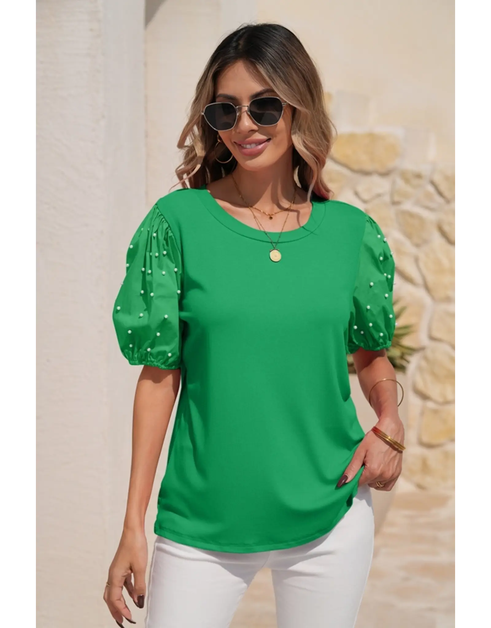 Kelly Pearl Beaded Puff Sleeve Top